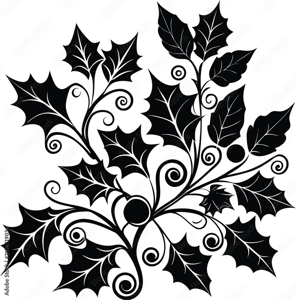 Fototapeta premium Elegant Black Holly Leaves With Berries Vector