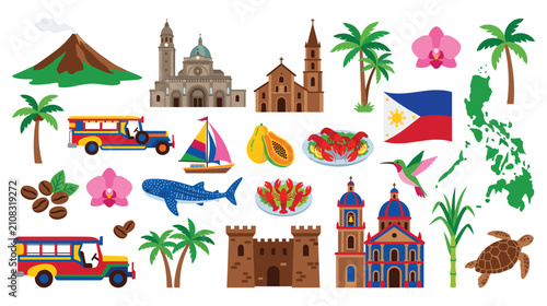 Icons of Philippines landmarks nature symbols transport culture and traditional heritage.