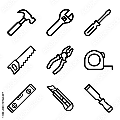 Set of Hand Tools Including Hammer Wrench Screwdriver and Tape Measure for Construction and Repair Work.