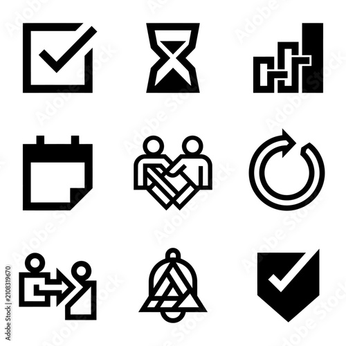 Set of Nine Black and White Icon Symbols for Business and Communication.