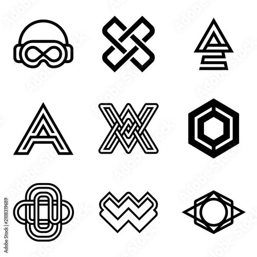 Set of Nine Modern Geometric Logo Icons in Black and White.