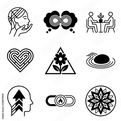 Set of Six Minimalist Black and White Symbols for Meditation and Spirituality.