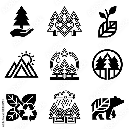 Set of Nine Nature and Environmental Icons in Black Silhouette Style.
