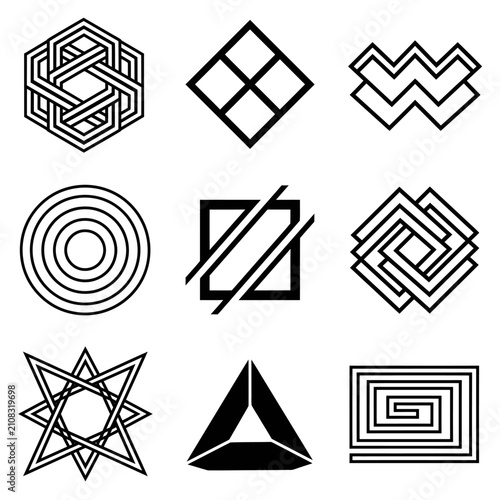 Set of Nine Geometric and Optical Illusion Symbols for Design and Art Projects.