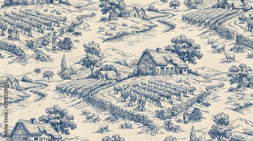 Vintage Blue and White Scenic Toile Pattern Design
