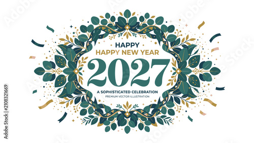 Bild auf Leinwand Happy New Year 2027 Emblem: A sophisticated emblem with the year 2027 announces the arrival of the new year, adorned with ornate foliage and festive confetti