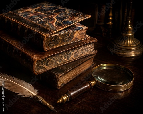 Stack of old antique books with a feather pen and magnifier