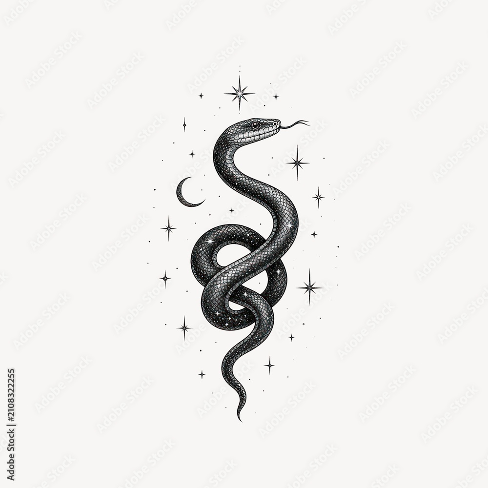 Fototapeta premium Illustration of a coiled snake with stars and a crescent moon.
