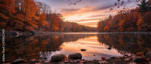 Tranquil Evening Over Serene Lake Surrounded by Colorful Autumn Foliage with Reflections of Trees and Sunset Sky in Fall Season