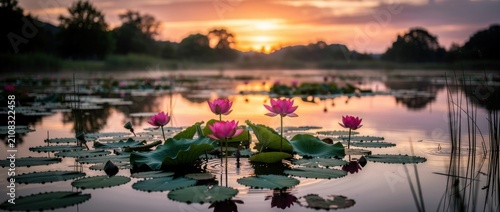 Serene Water Lilies at Dusk with Vibrant Pink Blooms Reflecting in Tranquil Lake Surrounded by Lush Greenery and Beautiful Sunset Sky