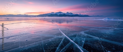 Stunning Winter Landscape with Frozen Ice Surface and Majestic Mountains Under Colorful Sky at Dawn Sunrise in Arctic Region