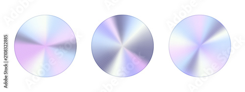 Hologpahic label set and radial gradient with circle background brushed. Texture clean holographic and color finish foil with badge reflection surface. Hologram sticker stamp, vector illustration
