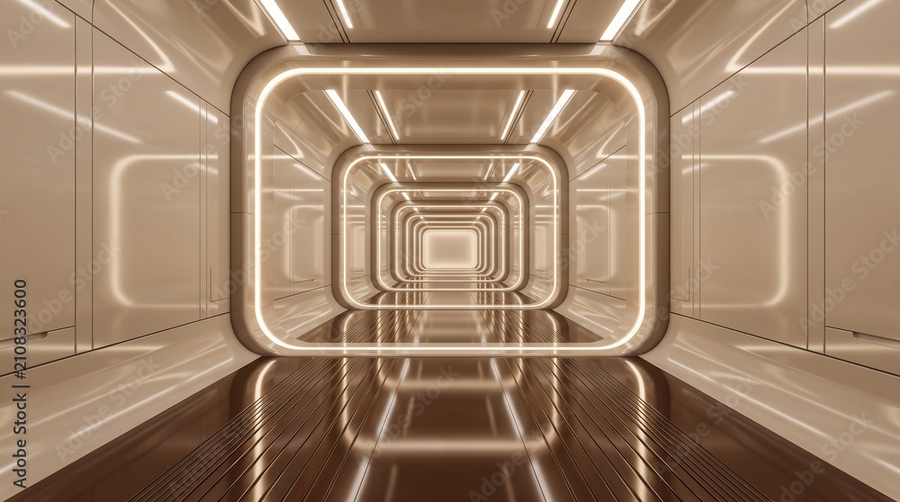 Obraz premium Futuristic corridor with glowing rounded rectangular frames stretching into infinite deep perspective light tunnel with emanating nested rectangular