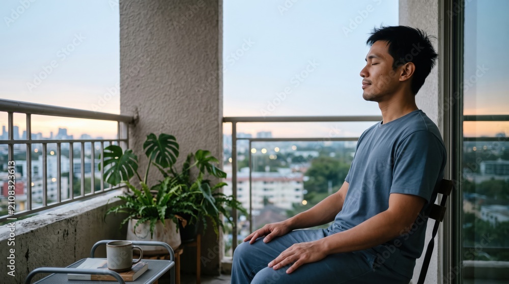 Fototapeta premium Young East Asian man practices quiet breathing on a city balcony at dawn, using stillness and early daylight to reduce stress, regulate mood, and guide his body toward a steadier sleep rhythm