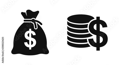 Money Bag And Stack Of Coins Silhouette On White Background