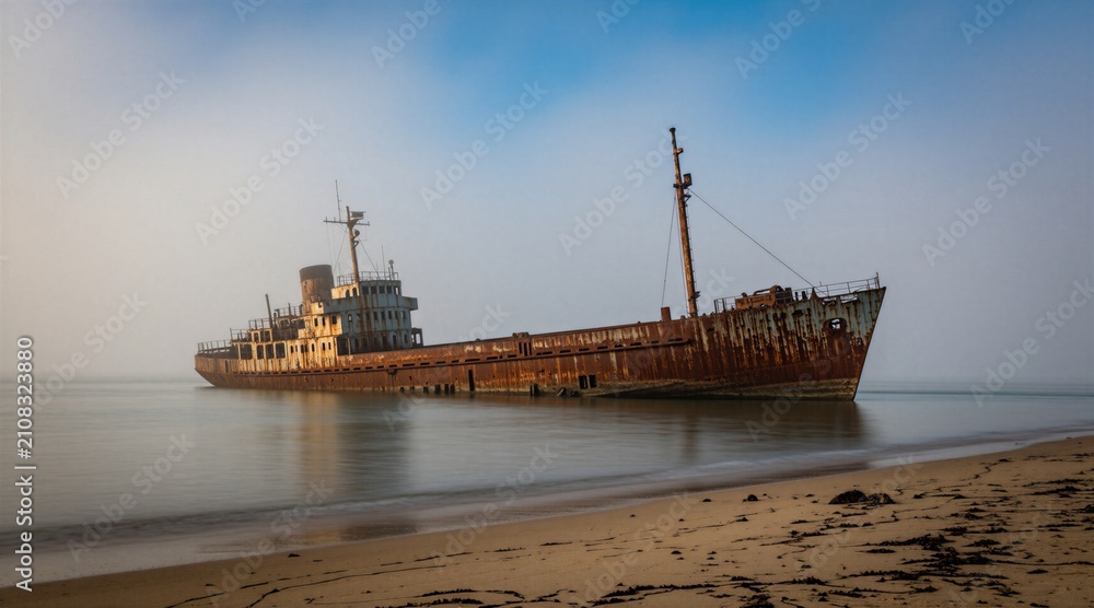 Fototapeta premium Old rusted shipwreck sits on sand beach near shallow water. Giant abandoned vessel remains in calm misty morning coastal landscape. Metal decaying hull stands in ocean fog during low tide. Derelict