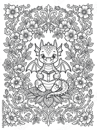 Cute baby dragon reading a book surrounded by floral patterns.