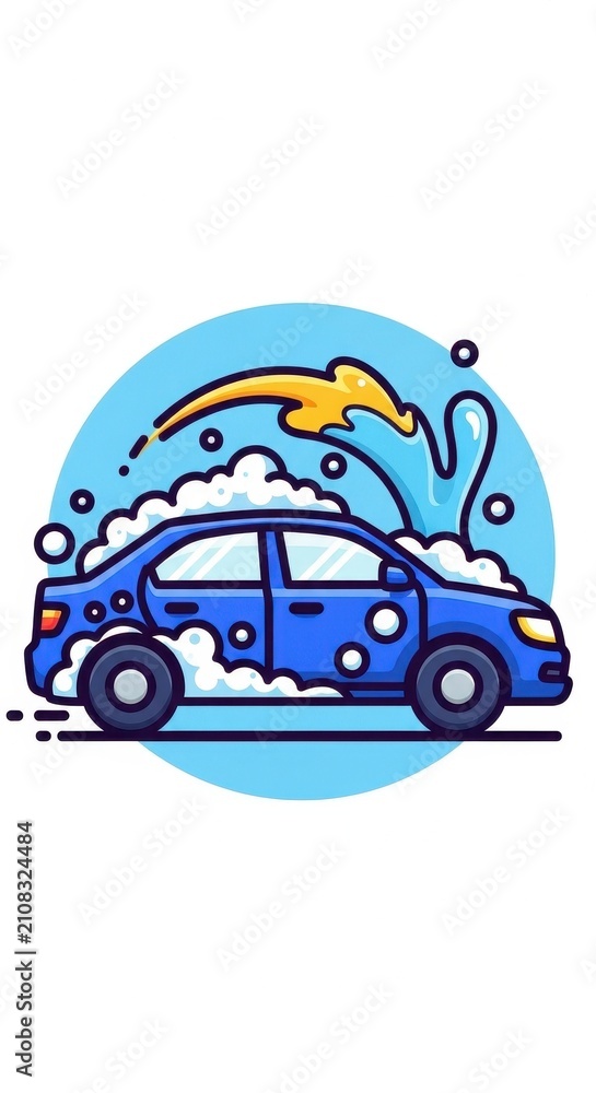 Obraz premium Colorful cartoon car with soap bubbles and speed lines.