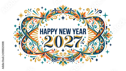 Fotografía Festive New Year 2027 Celebration: An ornate and colorful decorative frame with swirling patterns and stars, proclaiming Happy New Year 2027 in bold lettering