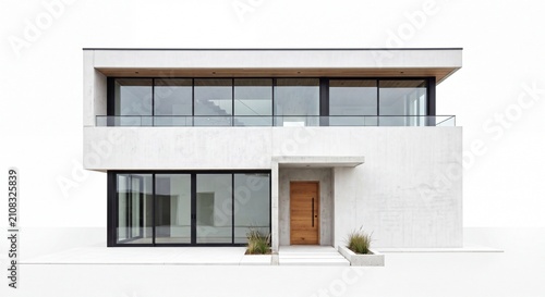 Elegant Contemporary Two-Story White Residence with Floor-to-Ceiling Windows Isolated on White Background