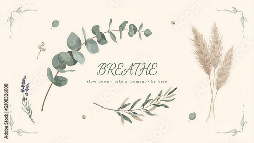 Breathe text with eucalyptus leaves and pampas grass branches isolated on a transparent background