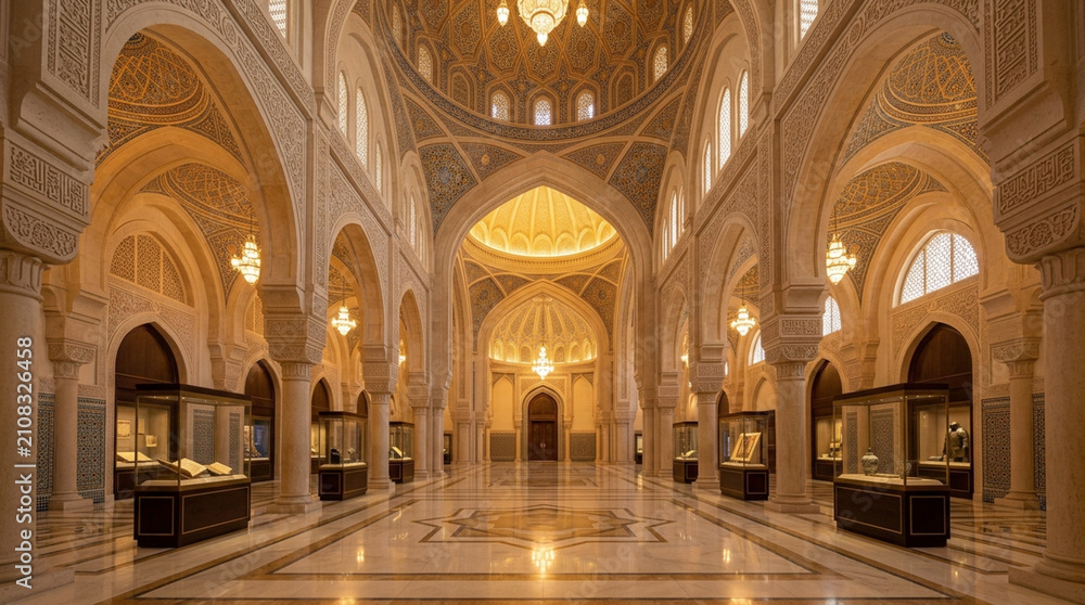 Obraz premium Grand Palace Interior with Islamic Architecture and Display Cases