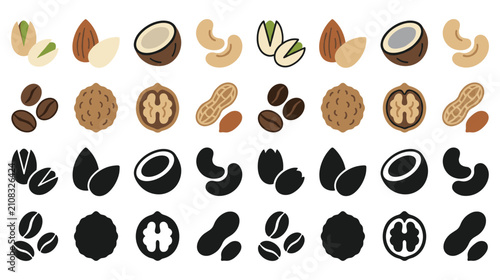 Set of various nuts, coffee beans, and seeds in different styles vector.