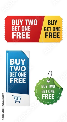Colorful Buy Two Get One Free Sale Tags and Labels.