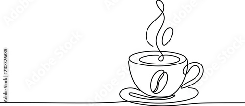 Konstfotografi Continuous line art illustration of hot coffee cup with steam and coffee bean for minimalist cafe menu design