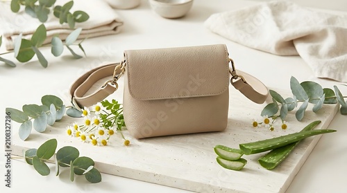 Beige leather bag with eucalyptus leaves, aloe vera, and chamomile, on blurred background with copy space. Perspective view photo suitable for eco fashion, organic blogs, and beauty shops.