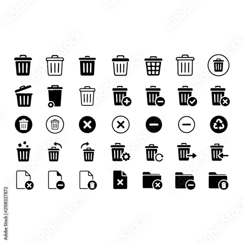 Trash Bin and Delete Black Glyph Vector Icon Set, Recycle Waste Disposal Collection
