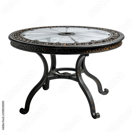 Elegant Round Cast Aluminum Wrought Iron Patio Dining Table Isolated on Transparent Background