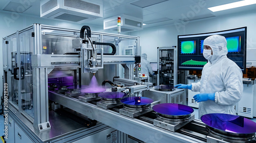 Technician Operating Semiconductor Wafer Manufacturing Machine in Cleanroom Laboratory