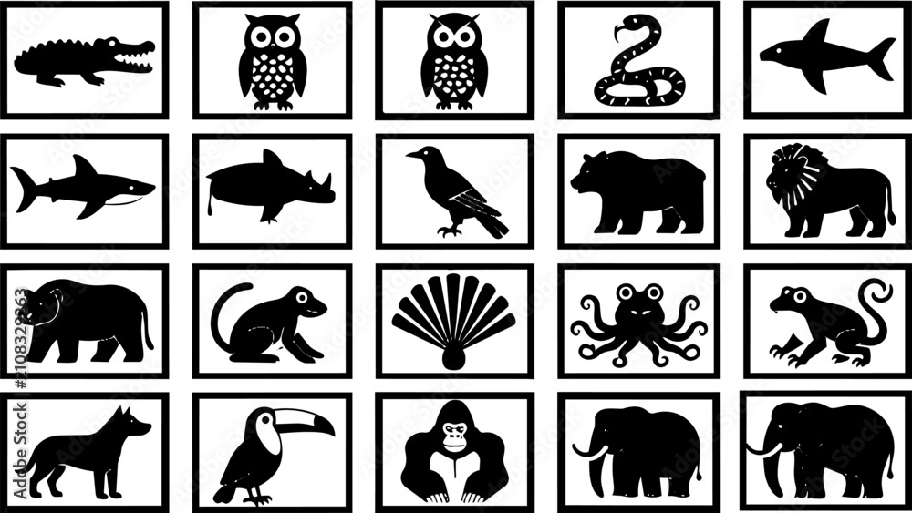 Fototapeta premium Minimalist animal silhouette icons, set of 20 black and white wildlife vector graphics, simple zoo and safari animal symbols for educational design
