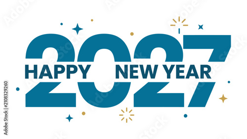 Принти на полотні New Year 2027 Celebration: Bold blue numbers proclaim Happy New Year 2027, accented with sparkling fireworks and festive dots, ushering in the excitement of a fresh start