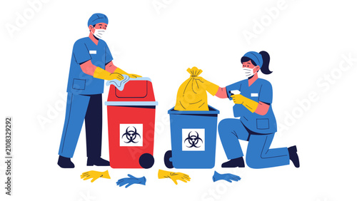 Fotografie Healthcare Waste Disposal Team: A medical team wearing scrubs, mask, and gloves diligently disposes of hazardous medical waste into designated biohazard bins