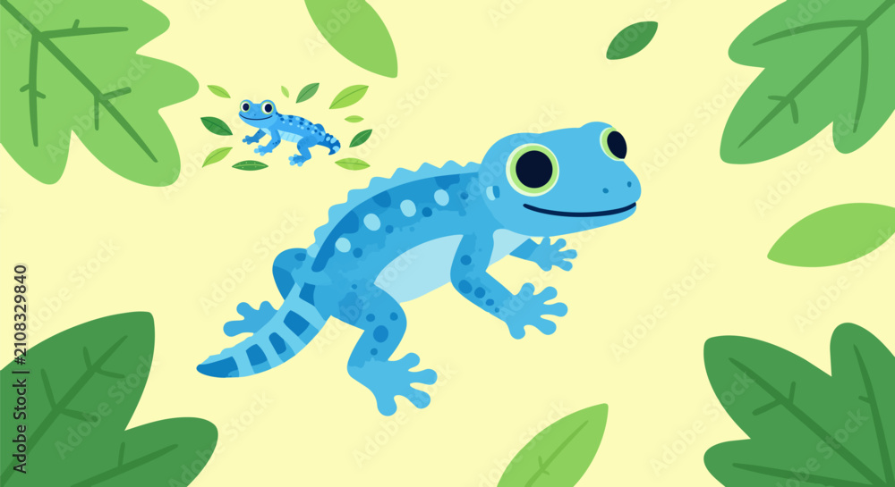 Fototapeta premium Cute blue gecko lizard vector illustration, tropical reptile character with green leaves, colorful exotic animal flat design for children