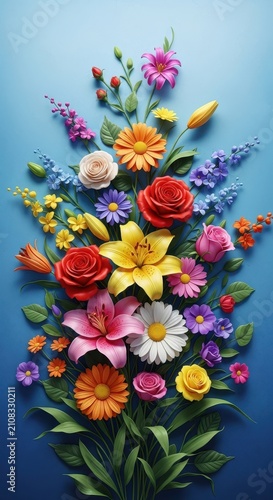 Colorful Bouquet of Fresh Flowers on Blue Background.
