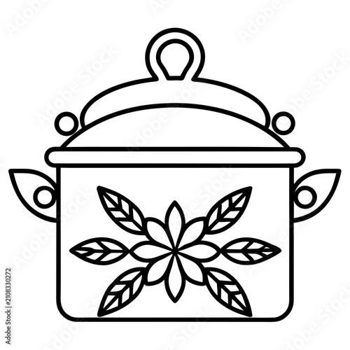 Line art illustration of a decorative cooking pot with a floral pattern