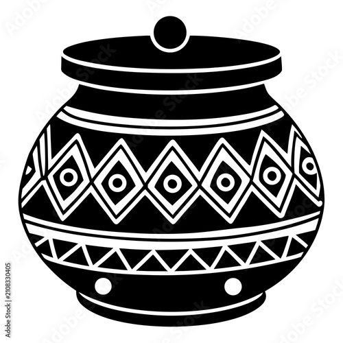 Traditional african clay pot with lid and geometric patterns