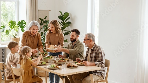 Happy multi-generational family having a delicious lunch together at home in a bright dining room.