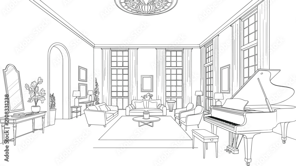 Fototapeta premium Architectural Line Art Sketch of Luxury Mansion Great Room Interior Featuring Grand Piano Lounge Area and High Archway Details