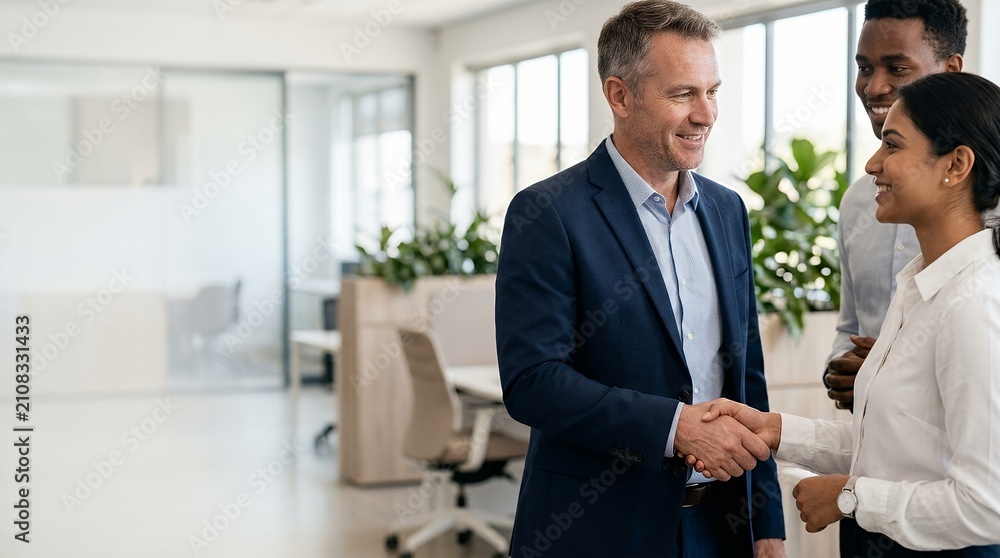 Fototapeta premium Diverse professional business team shaking hands in a modern bright office environment.