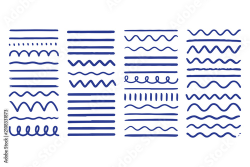 Hand Drawn Blue Line Brush Stroke Set, Wavy Zigzag and Straight Underline Borders Vector Elements