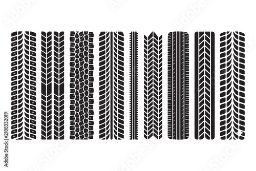Tire tracks vector set, detailed tire tread marks collection isolated on white background