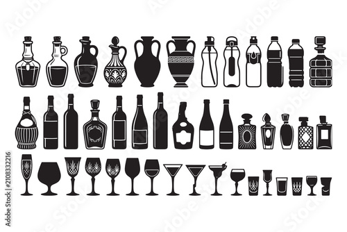 Glass Bottles Vases Decanters and Drinkware Silhouettes Set Wine Glasses Perfume Bottles Collection Vector Illustration