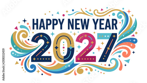 фотографія Happy New Year 2027 Celebration: A vibrant and festive design proclaims Happy New Year 2027 with swirling colorful abstract patterns, stars, and confetti