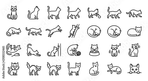 Editable Thin Line Cat Icon Collection with Thirty Unique Domestic Feline Poses and Behaviors Vector Illustration