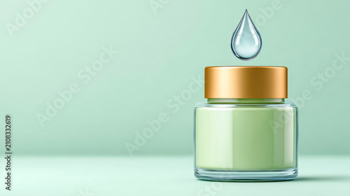 Green skincare cream jar with floating water droplet on light background