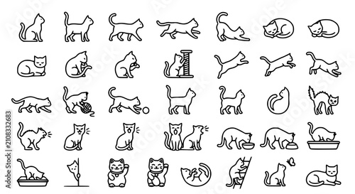 Thirty Cat Line Icons Set with Various Feline Poses, Behaviors and Pet Activities Editable Stroke Vector Collection